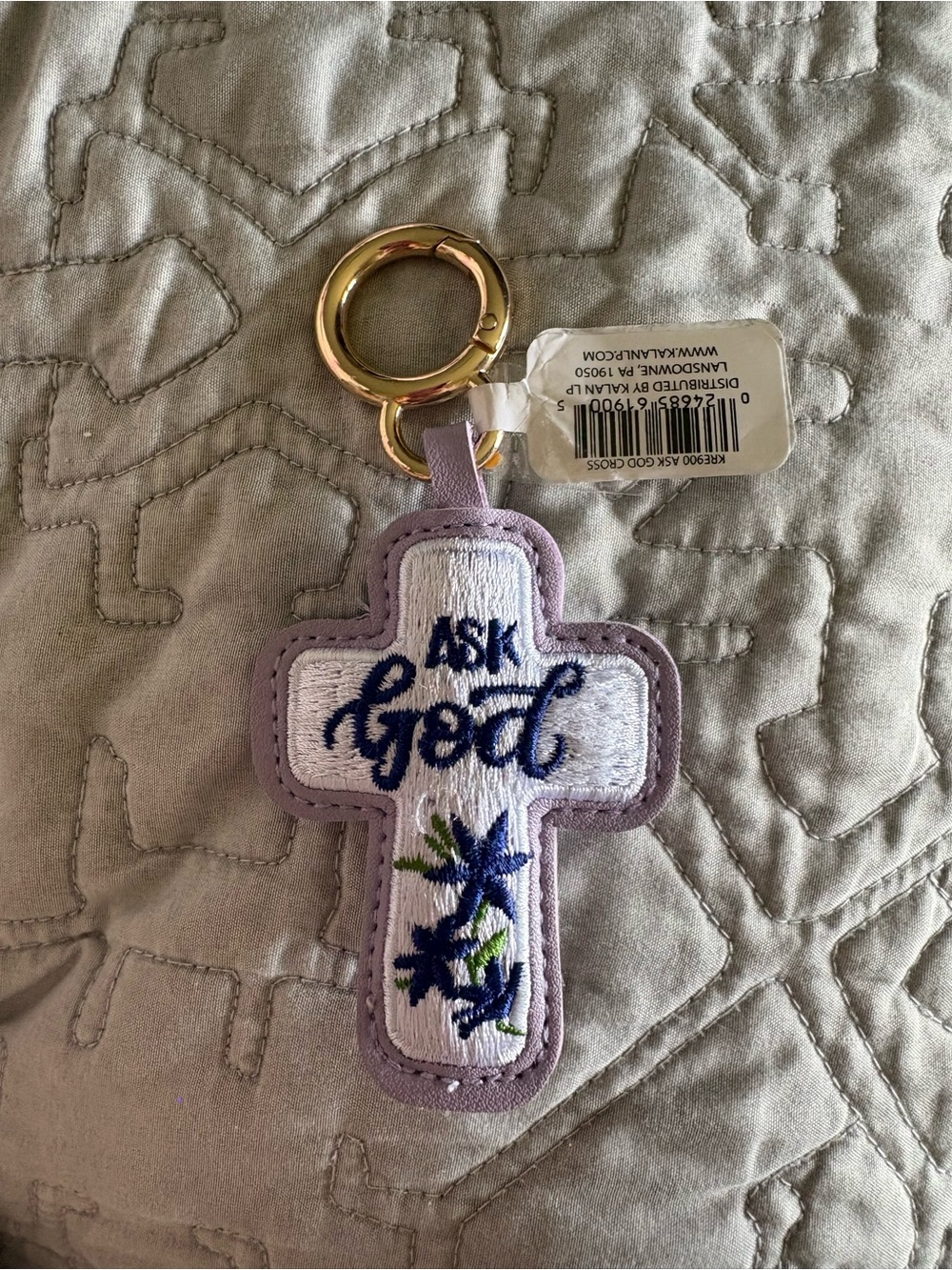 Lavender Cross Keychain - "Ask God" Embroidered